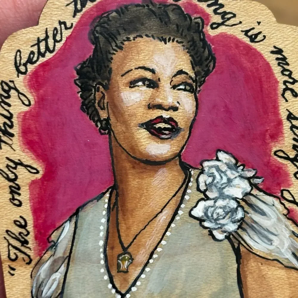 Handmade Ella Fitzgerald artisan brooch hand painted on wood musical icon singer